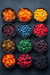 Aufkleber - Colorful mix of dried fruits displayed in elegant ceramic bowls on dark textured surface,
