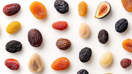 Aufkleber - Overhead view of dried fruit medley, including figs, dates, and raisins, on a minimalist white