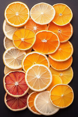 Poster - Decorative arrangement of dried citrus slices, perfect for beverage garnishing, on slate surface,