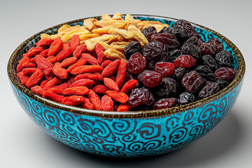 Poster - Assorted dried berries mix, including goji berries and cranberries, in decorative ceramic dish,