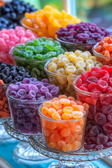 Poster - Artistic arrangement of colorful dried fruit mix placed in decorative glass containers,