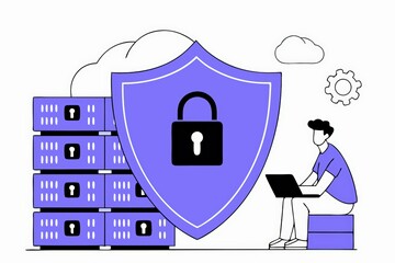 Poster - A digital illustration of a person working on a laptop, surrounded by secured servers, symbolizing cybersecurity and data protection.