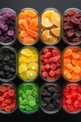Poster - Artistic arrangement of colorful dried fruit mix placed in decorative glass containers,