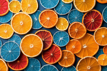Poster - Dried citrus fruit slices artistically arranged in patterns, vibrant colors on dark surface,