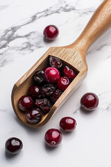 Poster - Detailed macro image of dried cranberries spilling out from a wooden scoop onto an elegant marble