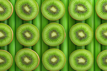 Poster - Vibrant food photo depicting dried kiwi slices positioned randomly on an authentic bamboo mat,