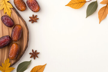 Poster - Natural composition of dried dates placed artfully on a rustic, weathered wooden cutting board,