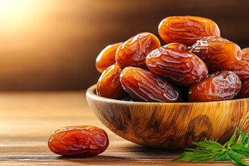 Poster - Natural composition of dried dates placed artfully on a rustic, weathered wooden cutting board,