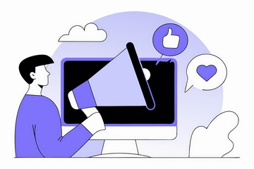 Poster - A digital illustration showing a person using a megaphone near a computer, with social media icons like thumbs up and heart, symbolizing communication and engagement.