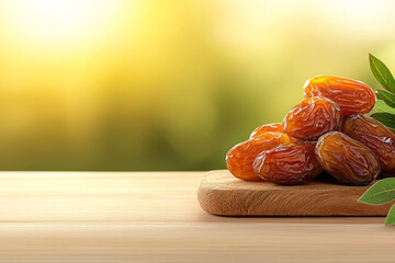 Poster - Natural composition of dried dates placed artfully on a rustic, weathered wooden cutting board,