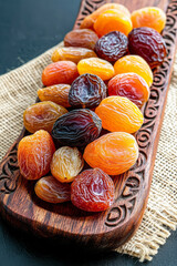 Poster - Beautifully arranged dried apricots, figs, and dates placed on a wooden serving tray with intricate