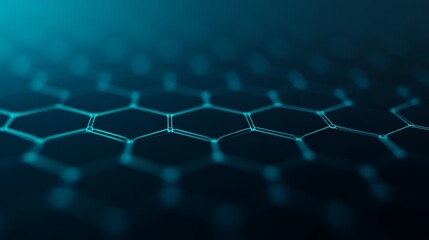 Fototapete - Hexagonal nodes float, interconnected by glowing teal lines on a navy backdrop, representing the dynamic flow of data within sophisticated network systems