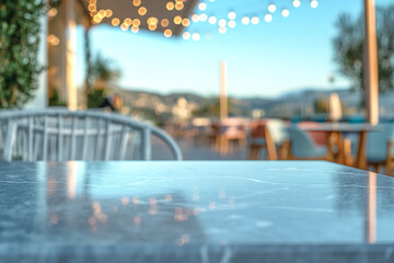 Aufkleber - Smooth gray marble table surface, outdoor cafe background, blurred lights and chairs, showcasing free space for product display or text