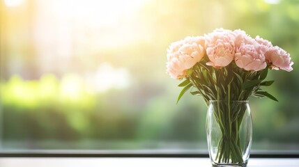Poster - A bouquet of soft pink peonies rests in a glass vase on a windowsill, illuminated by sunlight filtering through, enhancing their delicate petals against greenery