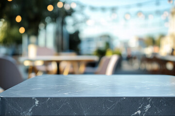 Aufkleber - Dark gray marble table top, blurry outdoor cafe background, showcasing free space for product placement or advertisement