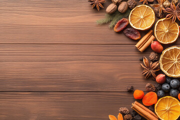 Poster - Dried fruits arranged on rustic wooden table, warm natural lighting, overhead shot,