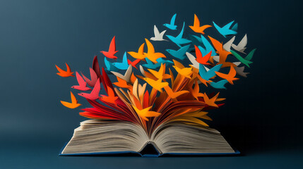 Poster - A vibrant composition featuring a dark blue background, a carefully arranged stack of books,