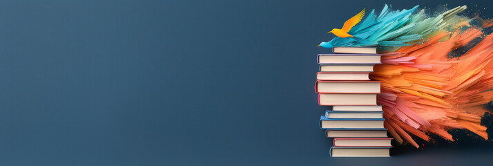 Poster - A high-resolution digital art piece of books stacked against a dark blue background, vibrant pencil