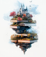 Poster - A creative composition with books artistically stacked to convey the concept of curiosity and the