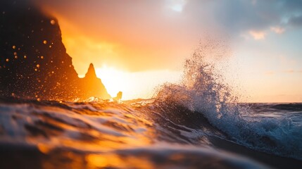 Poster - A powerful wave crashes against jagged rocks as sunlight pierces through mist, creating a spectacular display of water and light during sunset at a coastal location