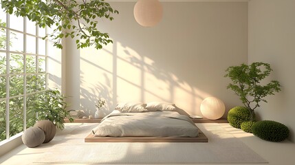 Poster - Stylish minimal bedroom design showcasing a cozy atmosphere with soft natural lighting and comfortable arrangement