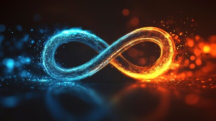 Aufkleber - Abstract infinity symbol, half fire, half ice, reflecting on dark surface.