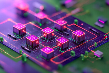 Poster - An isometric illustration of data centers connected by secure digital cables, each line embedded