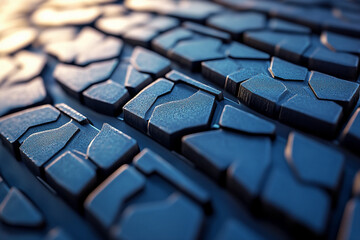 Poster - Close-up of dark-blue tire tread texture, showing deep grooves and a rough surface, representing durability, strength, and traction, ideal for automotive or industrial concepts