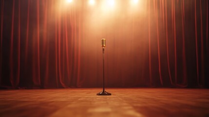 Aufkleber - A single golden spotlight illuminates a microphone stand on a theater stage. Rich velvet curtains and subtle haze build excitement for the upcoming show
