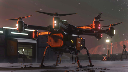 Fototapete - This Drone stands ready for regolith extraction on an asteroid surface during a space excavation mission.