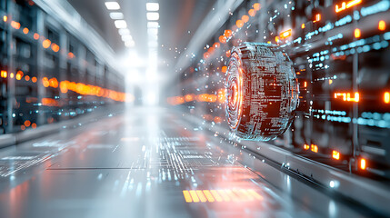 Poster - High-tech data processing event in a futuristic server room with digital displays and holograms