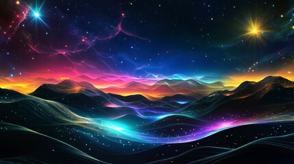 Poster - Vibrant, colorful, abstract landscape with glowing mountains, stars, and nebulae under a dark night sky.