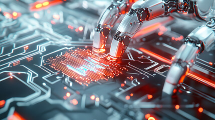 Poster - Innovative robotics action in high-tech environment circuit board interaction futuristic concept close-up view