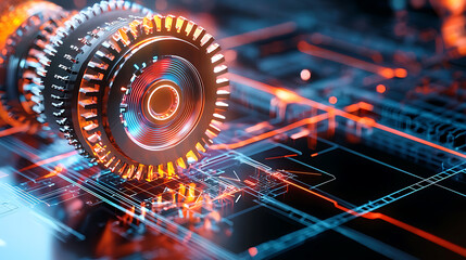 Poster - Innovative gear mechanism digital workspace 3d render high-tech environment close-up view futuristic concept