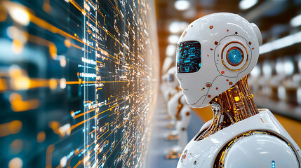 Poster - futuristic robots analyzing data at high-tech facility digital environment close-up view innovation 