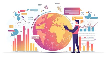Poster - Global data analysis.  Person working on a laptop with a global map and various data visualizations