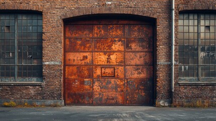 Poster - A large, rusted metal roll-up door stands closed on a brick building's facade, evoking a sense of history and industrial charm. The muted tones and textures create a captivating visual narrative