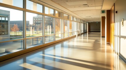 Aufkleber - Empty hallway illuminated by sunlight filtering through large windows, creating a serene ambiance with long shadows on the polished floor