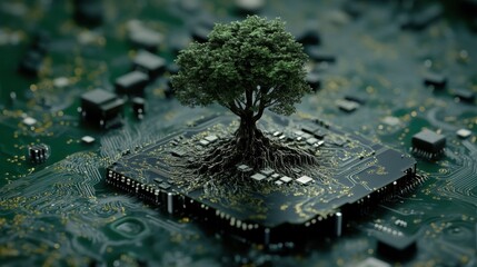 Poster - Lush tree growing from microchip circuit board.