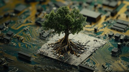 Poster - Lush green tree growing from a computer circuit board.