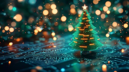 Poster - Digital Christmas tree on circuit board with bokeh lights.