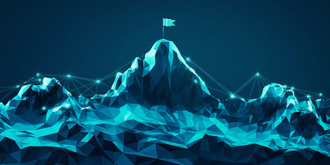 Poster - Abstract polygonal mountain range, teal color palette, flag on peak, representing achievement, success, goal, ambition, and progress