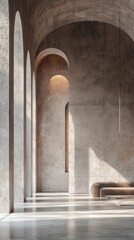 Fototapete - Bright and airy, this minimal interior invites serenity with its smooth concrete surfaces, soft shadows, and elegant curved arches. Sunlight filters gently, enhancing the calm atmosphere
