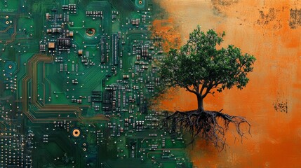 Poster - A vibrant green circuit board contrasts with a rustic orange background, a lush green tree with exposed roots bridging the two halves.