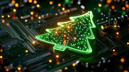 Poster - Glowing green Christmas tree circuit board design.