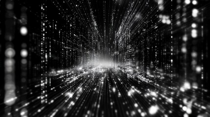 Poster - Abstract grayscale digital tunnel with light streaks and particles.