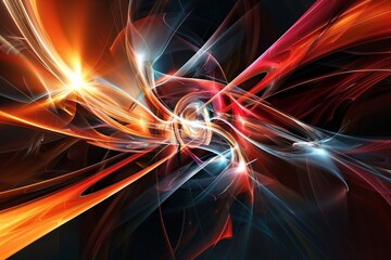 Poster - Red, orange, and blue abstract light trails converging against a black backdrop