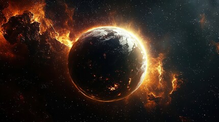 a breathtaking view of a fiery planet against a cosmic backdrop, symbolizing the power and beauty of