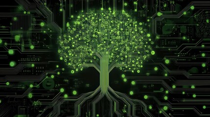 Leinwandbilder - Glowing green digital tree on circuit board.