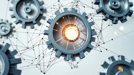 Poster - Mechanical Gears & Connectivity: Intriguing visual of meshing gears interwoven with a network of interconnected lines, symbolizing technology, innovation, and progress.